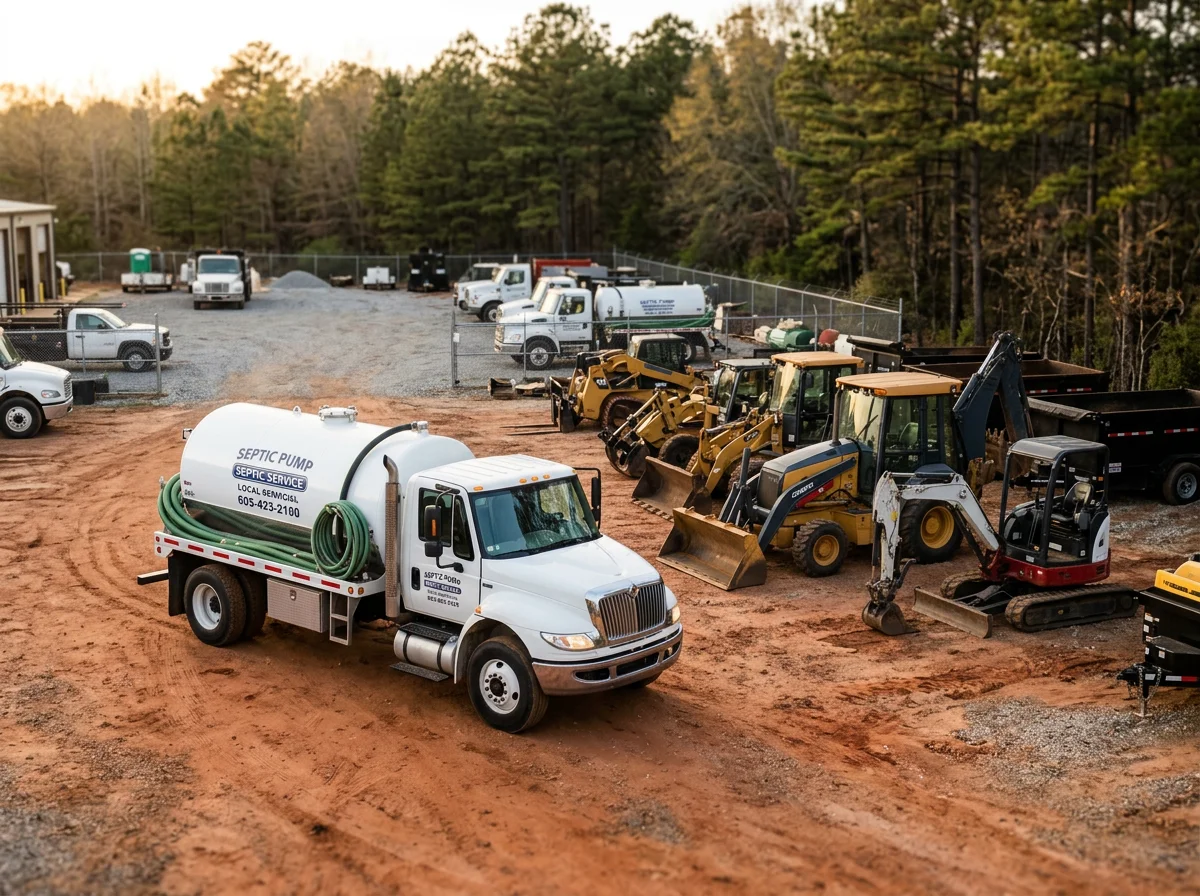 Septic truck and excavation equipment ready for service calls in the field.