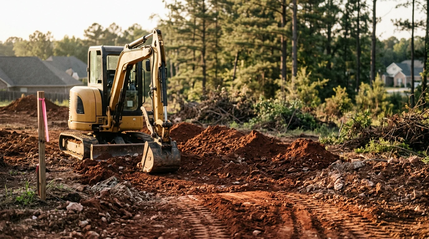 Excavation equipment clearing overgrown residential lot