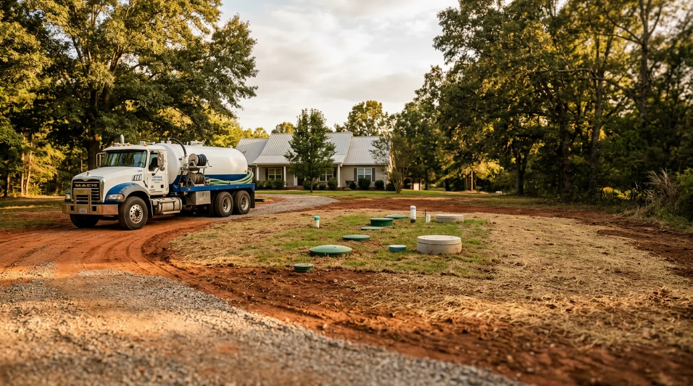 Septic tank pumping truck at residential property