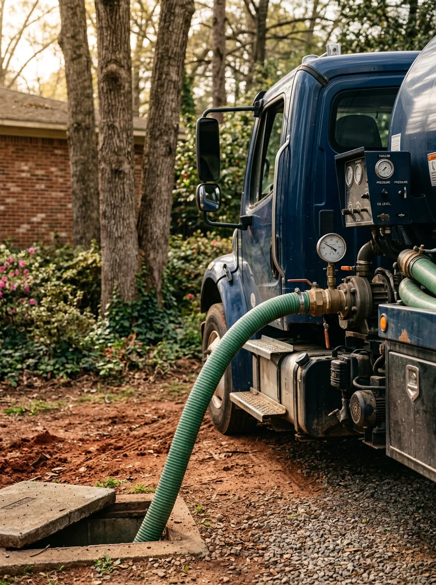 A septic tank pump-out in progress at a Birmingham, Alabama property with mature oak trees and a mid-century brick house in the background.