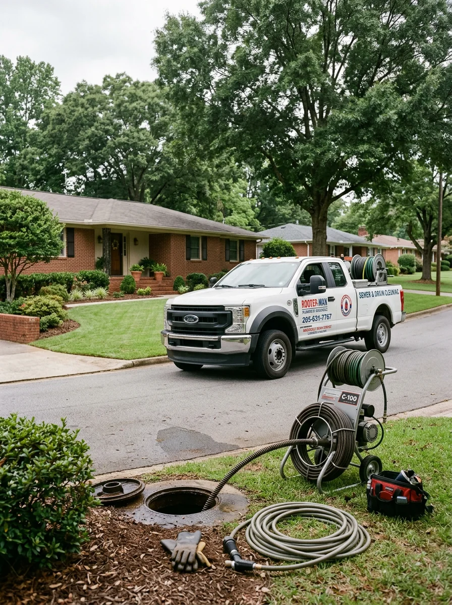 A drain cleaning truck parked in front of a mid-century single-family home in Gardendale, Alabama, with a technician running equipment through a cleanout.