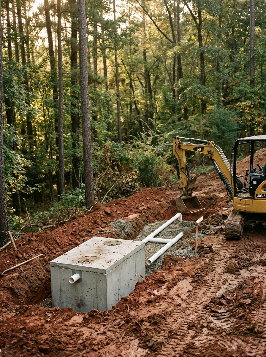 A septic installation crew working on a sloped lot in Helena, Alabama, with excavation equipment and a new septic tank visible on a wooded acreage property.