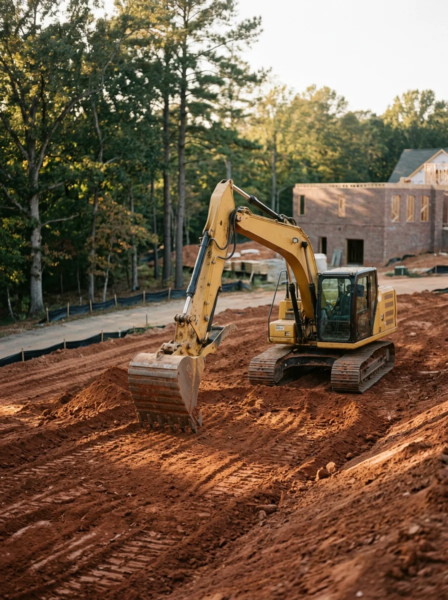 Grading equipment leveling a sloped lot in a Hoover, Alabama subdivision to prepare for drainage installation near a new home.