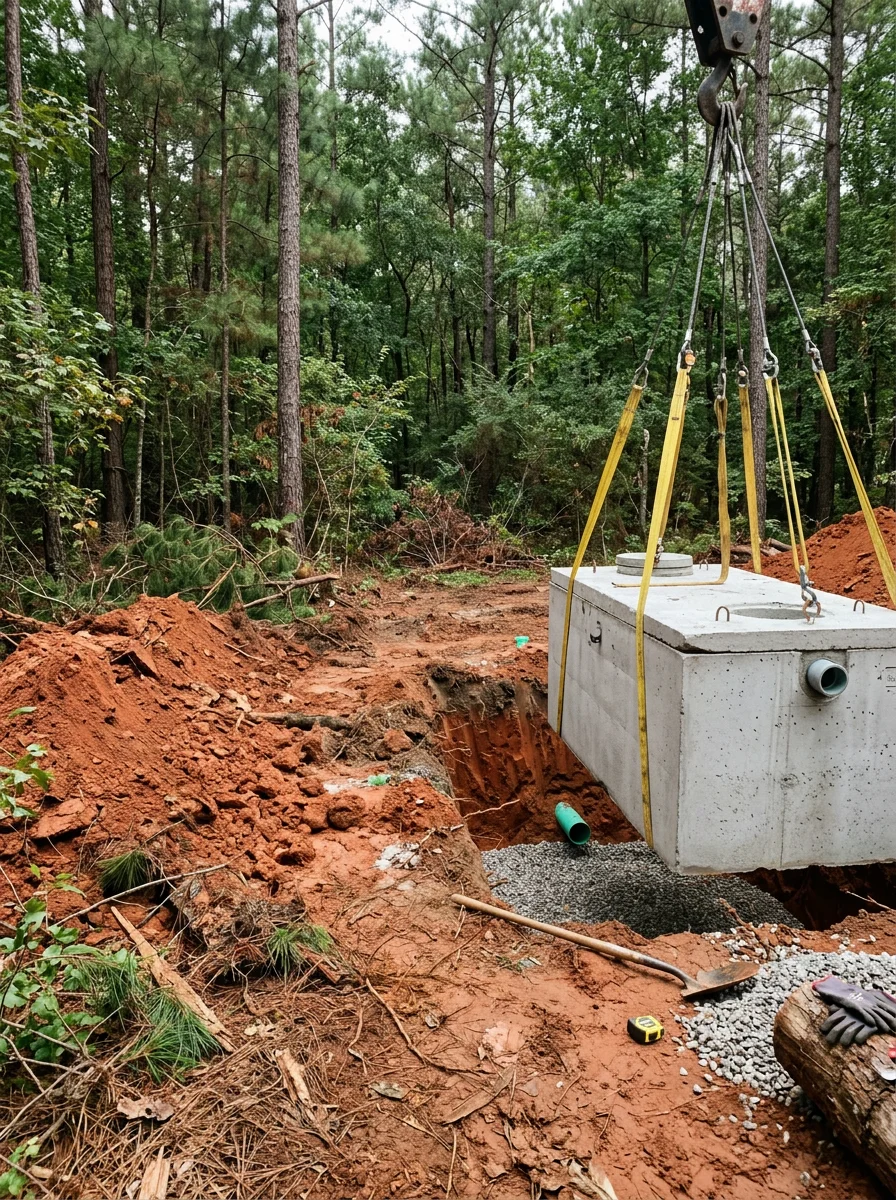 A septic tank being lowered into a prepared excavation on a McCalla residential lot surrounded by pine trees and red clay soil.