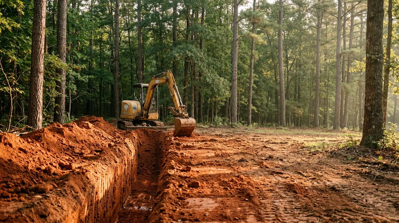Excavation equipment breaking ground on a wooded McCalla, Alabama property for a new septic system installation, with red clay soil visible in the trench.