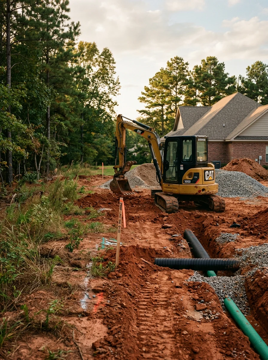 Drainage installation work in progress on a newly developed residential lot in Northport, Alabama, with grading equipment and clay soil visible near a new home.