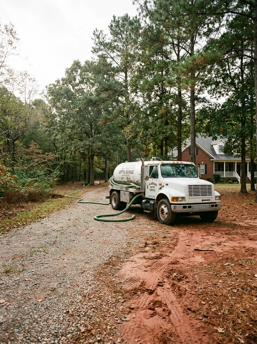 A septic pump-out truck servicing a large single-family home on an acreage lot in Trussville, Alabama, with a wooded backdrop and red clay soil.