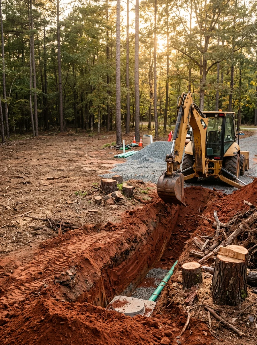A septic tank installation in progress on a wooded Tuscaloosa, Alabama lot after land clearing, with red clay soil and excavation equipment visible.