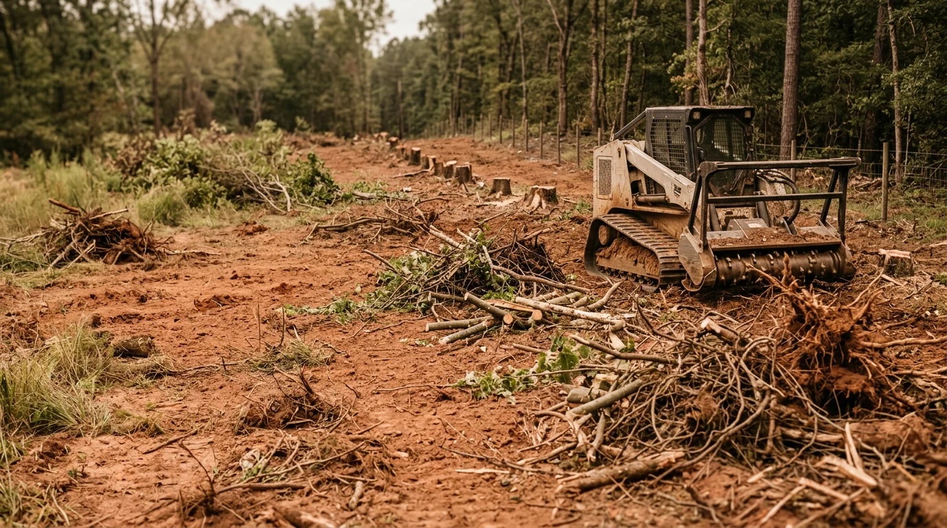 A McCalla, Alabama residential lot with dense overgrown brush and woody shrubs cleared away, leaving open ground along a fence line. Equipment tracks visible in the foreground show recent brush removal work on the wooded property.
