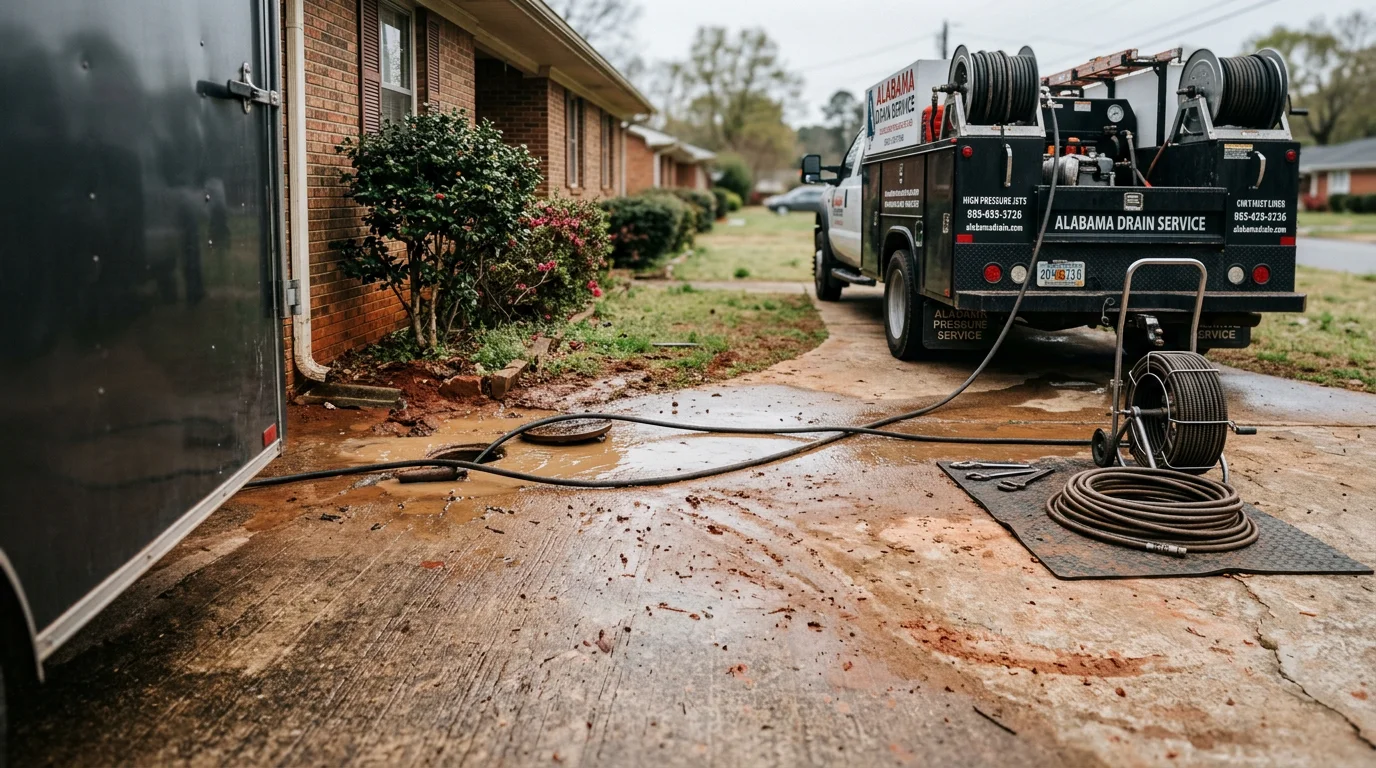 A residential drain line access point in a McCalla, Alabama yard with clay soil visible around the cleanout cap. A service technician from Mays Septic Solutions and Dirtwork LLC prepares equipment to clear a main sewer line blockage.