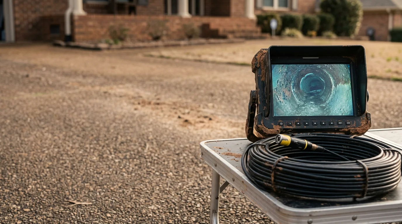 A drain inspection camera being fed into a residential drain access point at a McCalla, Alabama property. The monitor displays a live view of the interior pipe condition showing the drain line walls.