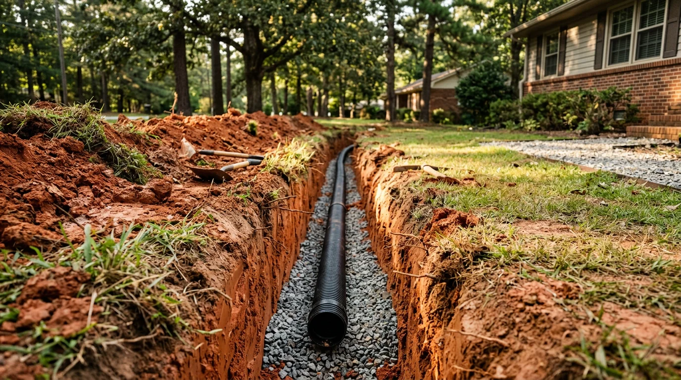 A newly installed yard drainage system on a residential property in McCalla, Alabama, with a trench and drainage pipe directing water away from the home's foundation. The surrounding clay soil and sloped lawn reflect typical conditions found across the greater Birmingham area.