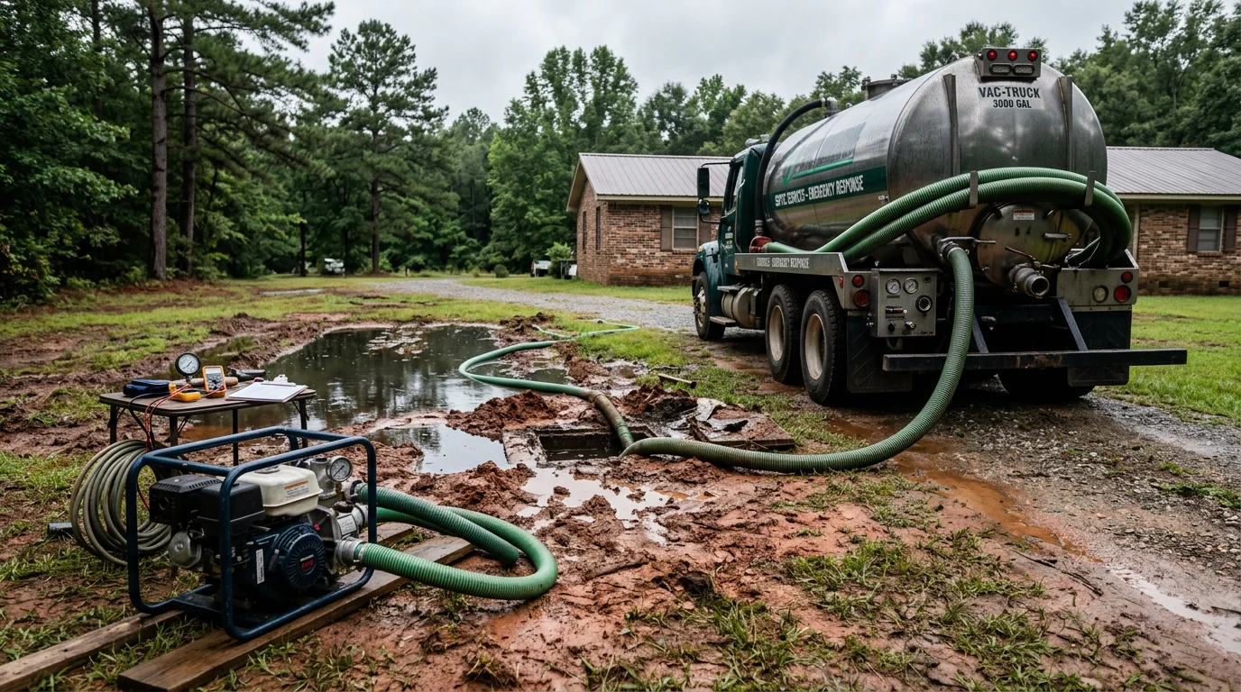 A septic service technician assessing a residential septic tank access point in a yard in McCalla, Alabama after a reported backup. Standing water is visible near the drain field area.