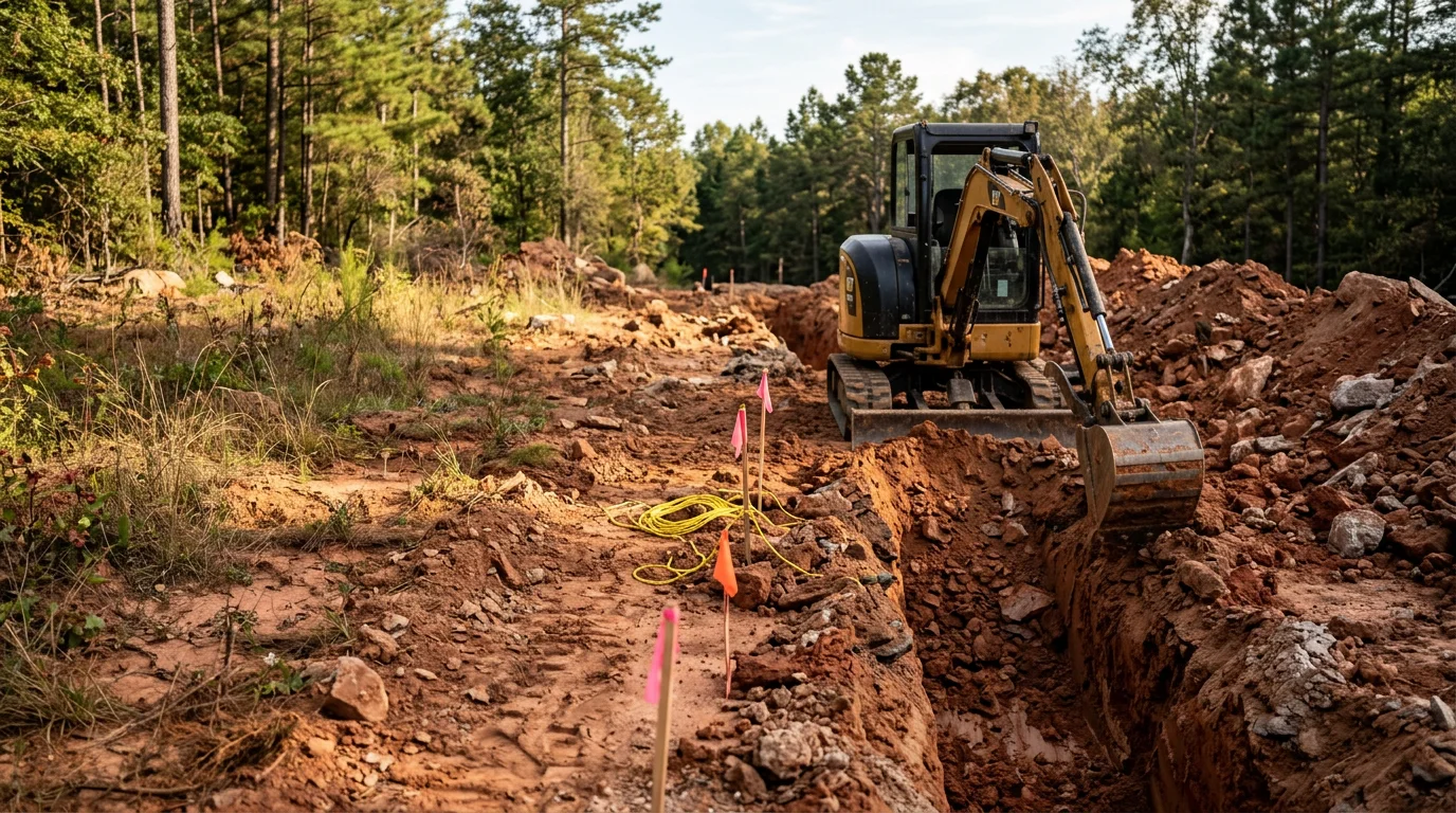An excavator digging a deep trench on a residential property in McCalla, Alabama, with red clay soil visible along the cut walls. The surrounding lot is open and graded, ready for utility or foundation work.