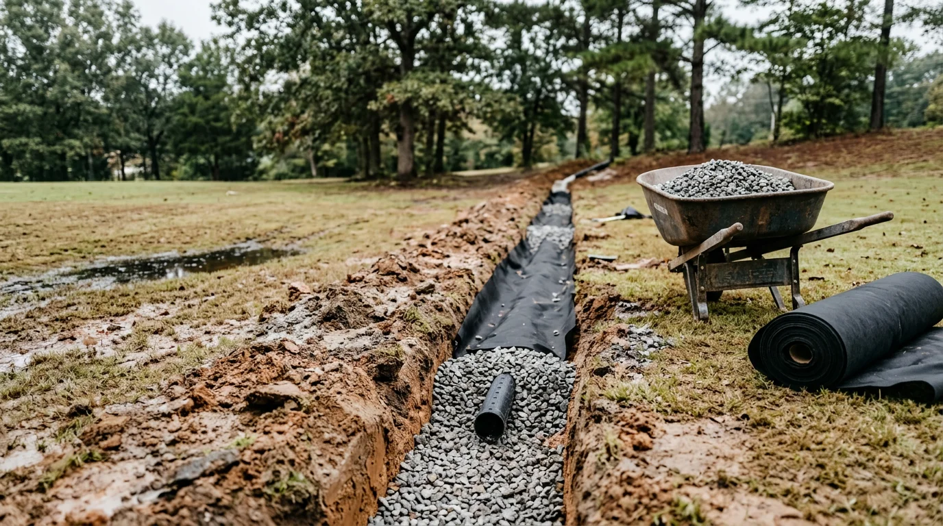 A completed French drain installation in a McCalla, Alabama residential backyard, showing a gravel-filled trench with a perforated pipe running along a previously waterlogged lawn area near a home foundation.