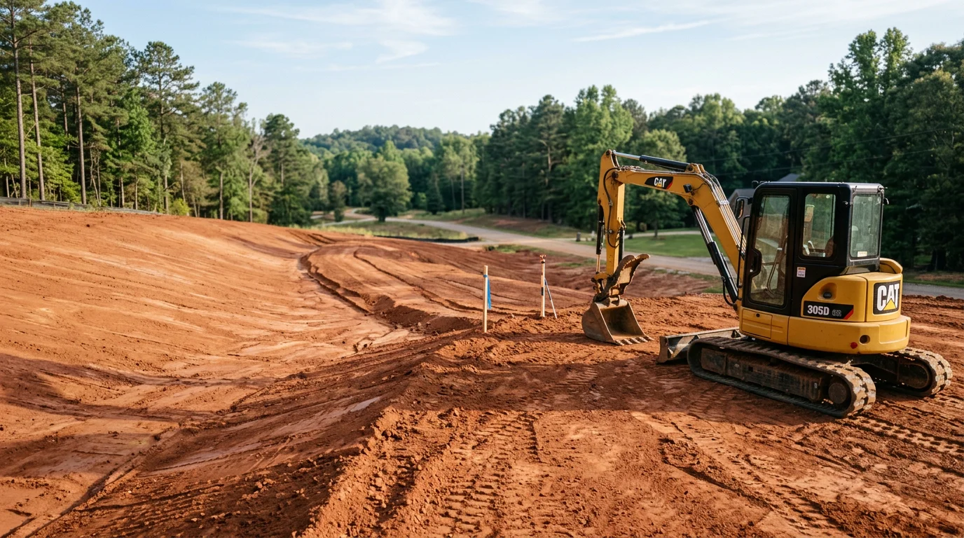 A residential lot in McCalla, Alabama with freshly graded red clay soil sloped away from the home's foundation. Heavy equipment tracks are visible across the leveled surface, showing recent dirtwork completed for drainage correction.