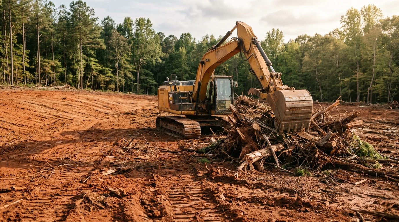 A freshly cleared residential lot in McCalla, Alabama showing bare ground with trees and stumps removed and rolling terrain visible in the background. Land clearing work completed by Mays Septic Solutions and Dirtwork LLC.