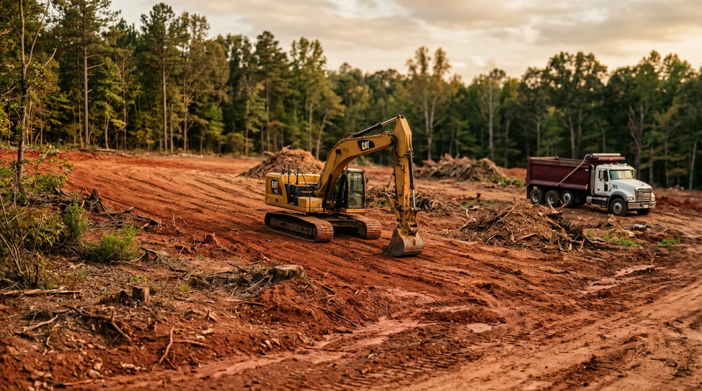 A freshly cleared residential lot in McCalla, Alabama showing bare ground with stumps and trees removed and rough grading complete. The site is ready for construction with no debris remaining.