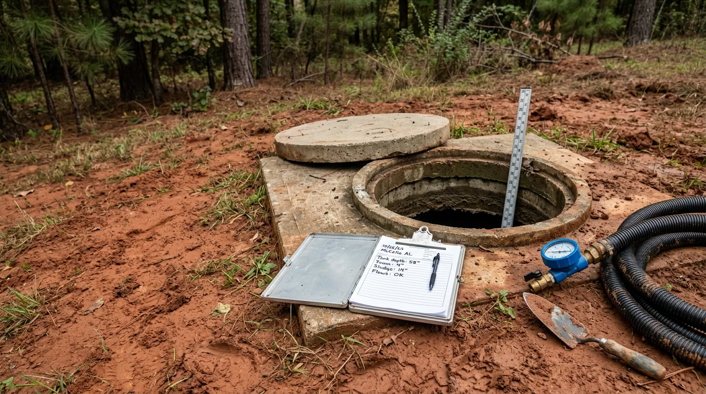 A septic service technician inspecting an open septic tank access point on a residential property in McCalla, Alabama, with a green lawn and drainfield area visible in the background.