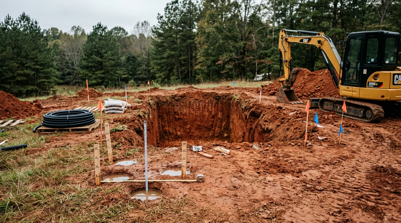 A newly installed septic tank and drain field on a residential lot in McCalla, Alabama, with freshly graded soil and clean backfill visible across the yard. The installation shows a full system set into the ground with field lines extending across the absorption area.