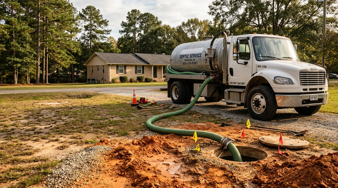 A septic pumping truck parked on a residential property in McCalla, Alabama, with a technician operating a vacuum hose connected to an open septic tank access point in the yard.