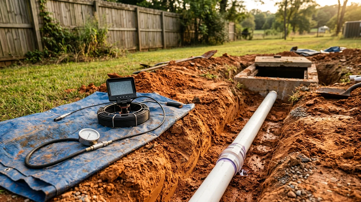 A septic drain field repair in progress at a residential property in McCalla, Alabama, with exposed lateral lines being assessed in clay-heavy soil. A service technician works near the tank access point while the surrounding yard shows signs of prior saturation.