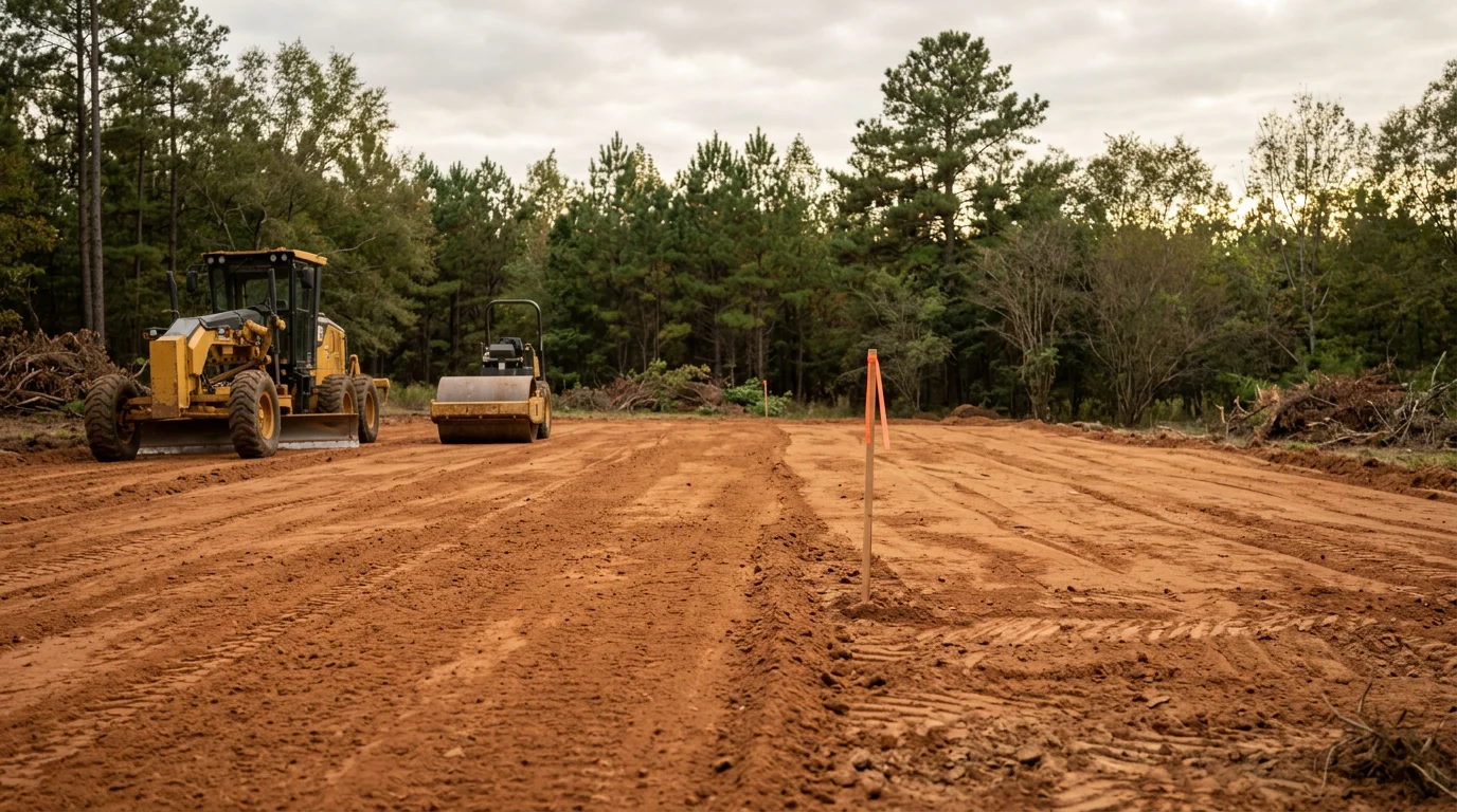 A graded and compacted building pad on a residential lot in McCalla, Alabama, with red clay soil shaped for drainage and construction access. Heavy equipment tracks visible across the leveled surface, ready for the next phase of building.
